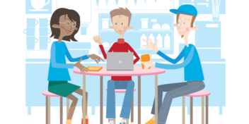Piirroskuva, jossa kaksi miestä ja yksi nainen istuvat pöydän ääressä. He keskustelevat ja käyttävät älylaitteita.