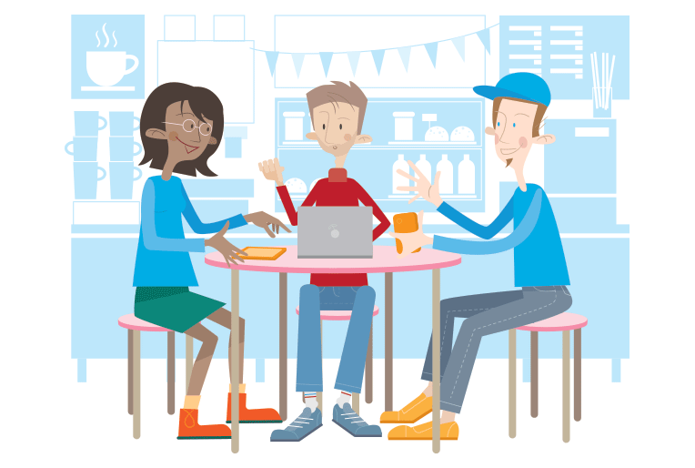 Piirroskuva, jossa kaksi miestä ja yksi nainen istuvat pöydän ääressä. He keskustelevat ja käyttävät älylaitteita.