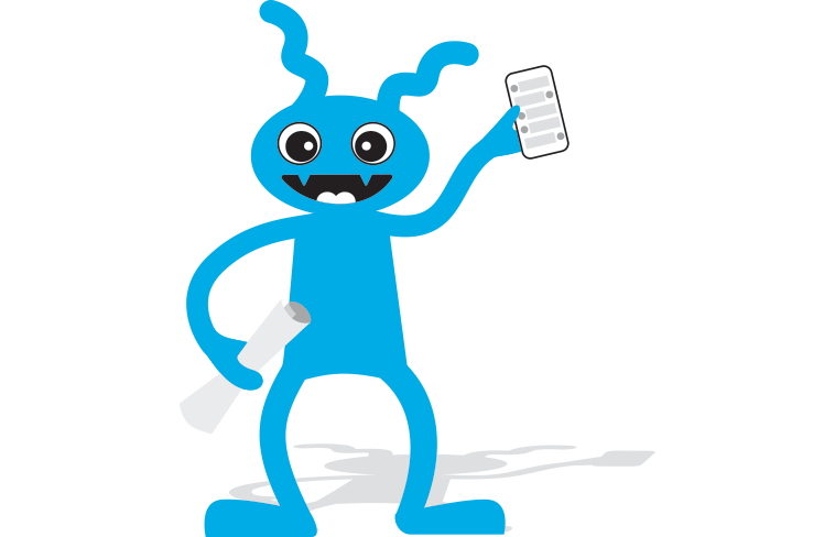 Sininen Digi haltuun! -hankkeen piirretty maskotti, jolla on toisessa kädessään älylaite ja toisessa rullalle kääritty paperi.