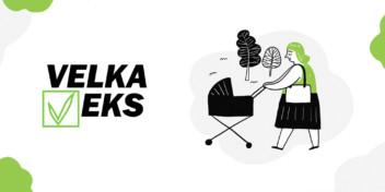 Velka veks -logo.. Piirretty nainen, joka työntää lastenrattaita, taustalla puita.