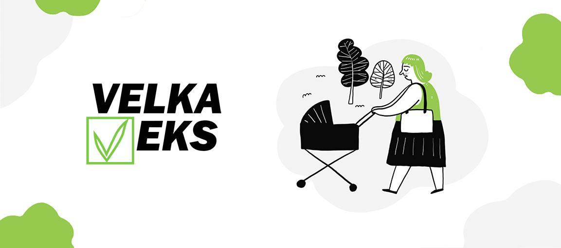 Velka veks -logo.. Piirretty nainen, joka työntää lastenrattaita, taustalla puita.