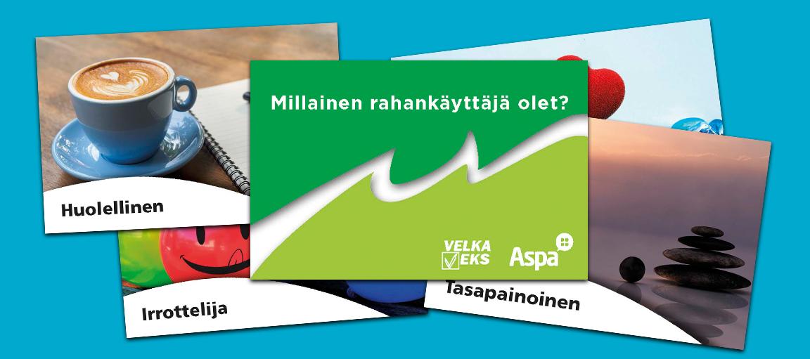 Millainen rahankäyttäjä olet -kortteja pinossa.