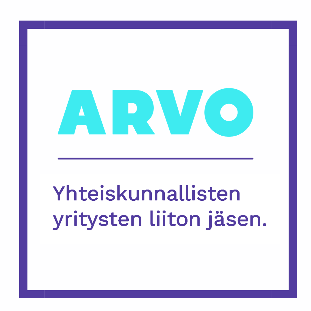Arvoliiton jäsenmerkki. Teksti: Arvo. Yhteiskunnallisten yritysten liiton jäsen.