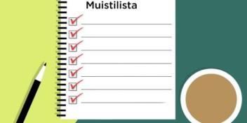 Vihko, jossa lukee muistilista.