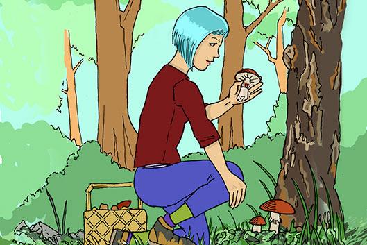 Nuori nainen metsässä keräämässä sieniä.