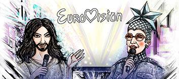 Piirroskuva jossa on Conchita Wurst ja Vjerka Serdjutška sekä Euroviisujen logo.