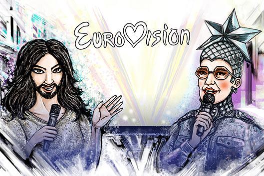 Piirroskuva jossa on Conchita Wurst ja Vjerka Serdjutška sekä Euroviisujen logo.