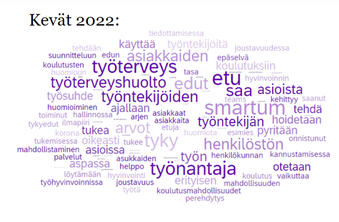 Sanapilvi: työterveyshuolto, smartum, arvot, tyky, koulutus, edut, asikkaat.