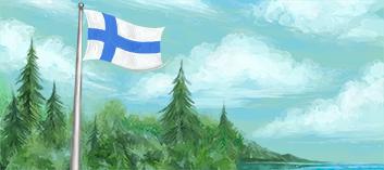 Liehuva Suomenlippu ja taustalla metsäinen järvimaisema