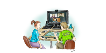 Piirretty kuva, jossa kaksi henkilöä istuvat tietokoneen äärellä.