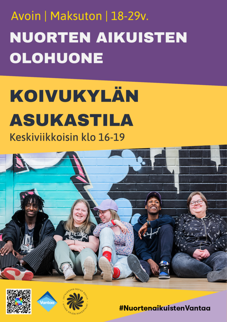 Juliste, jossa otsikko Nuorten aikuisten olohuone. Avoin, maksuton, 18-29 -vuotiaille. Julisteessa teksti: Koivukylän asukastila keskiviikkoisin klo. 16-19.