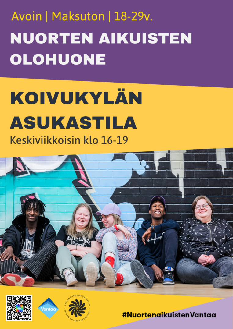 Juliste, jossa otsikko Nuorten aikuisten olohuone. Avoin, maksuton, 18-29 -vuotiaille. Julisteessa teksti: Koivukylän asukastila keskiviikkoisin klo. 16-19. 