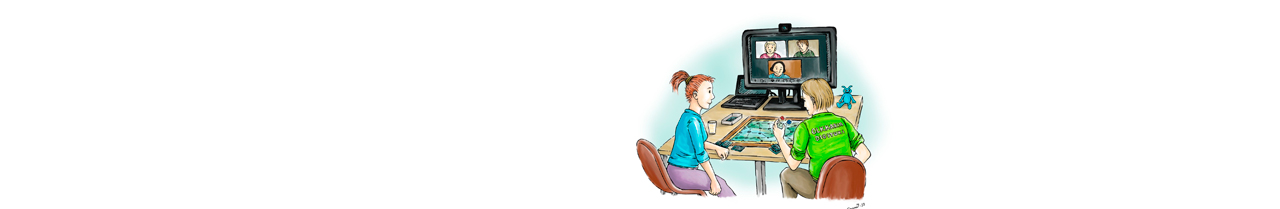 Piirretty kuva, jossa kaksi henkilöä istuvat tietokoneen ääressä.