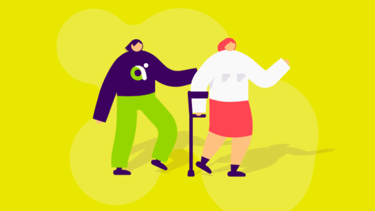 Kaksi hahmoa, joista toinen käyttää kyynärsauvaa.