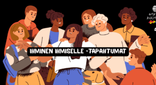 Joukko hymyileviä piirroshahmoja. Ihminen ihmiselle -tapahtumat -teksti.