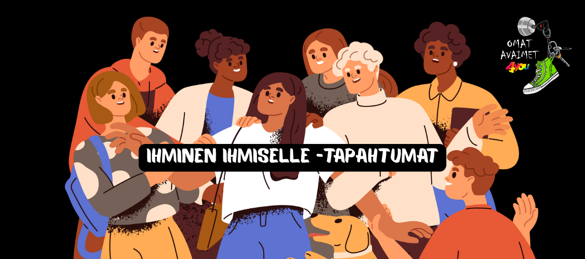 Joukko hymyileviä piirroshahmoja. Ihminen ihmiselle -tapahtumat -teksti.