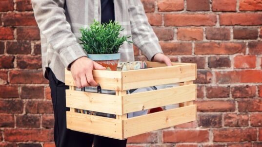 Muuttolaatikkoa kantavat kädet.