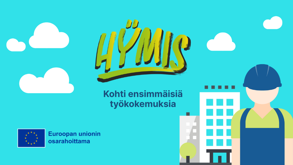 Hymis Kohti ensimmäisiä työkokemuksia. Euroopan unionin osarahoittama. Piirretty hahmo työkypärä päässään. Aspa-säätiön logo.