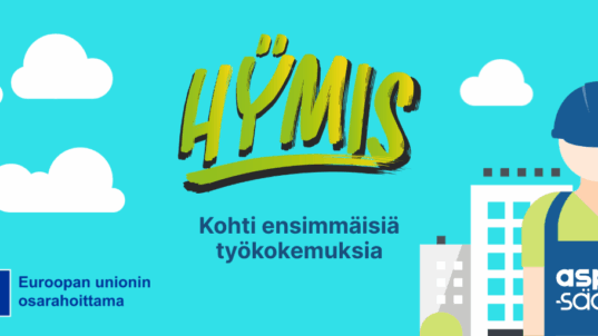 Hymis. Euroopan unionin osarahoittama hanke. Piirretty hahmo työkypärä päässään. Aspa-säätiön logo.