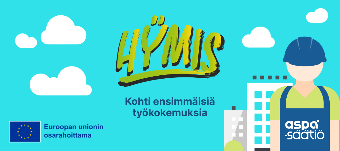 Hymis. Euroopan unionin osarahoittama hanke. Piirretty hahmo työkypärä päässään. Aspa-säätiön logo.