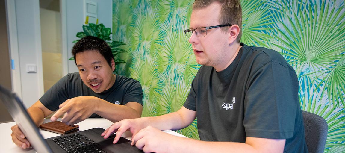 Kaksi miestä tutustuu Aspan oppimisalustaan.
