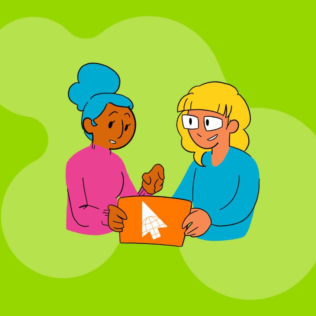 Kaksi piirrettyä hahmoa pädillä.