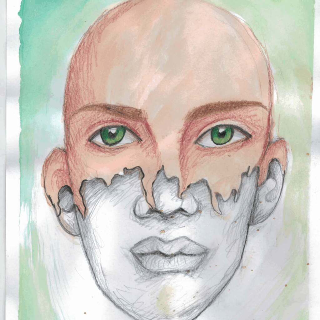 Piirretyt ja maalatut kaljupäiset kasvot, joiden yläosa on värikäs ja alaosa mustavalkoinen.