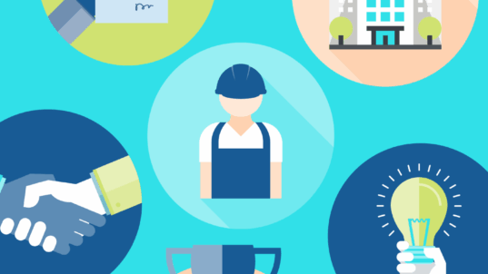 Ikoneja: hahmo työkypärä päässään. Työtodistus kädessä. Rakennus. Lamppu. Pokaali. Kättely.