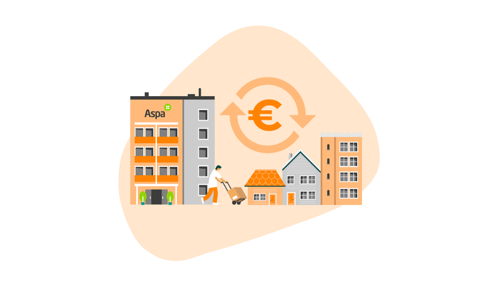 Rakennuksia, joiden yläpuolella on euromerkki jota ympäröivät nuolet.