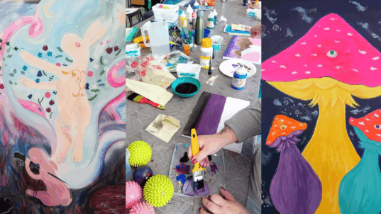 Työpajassa syntyneitä taideteoksia, jossa toisessa valkoinen kani ja toisessa kolme sientä.