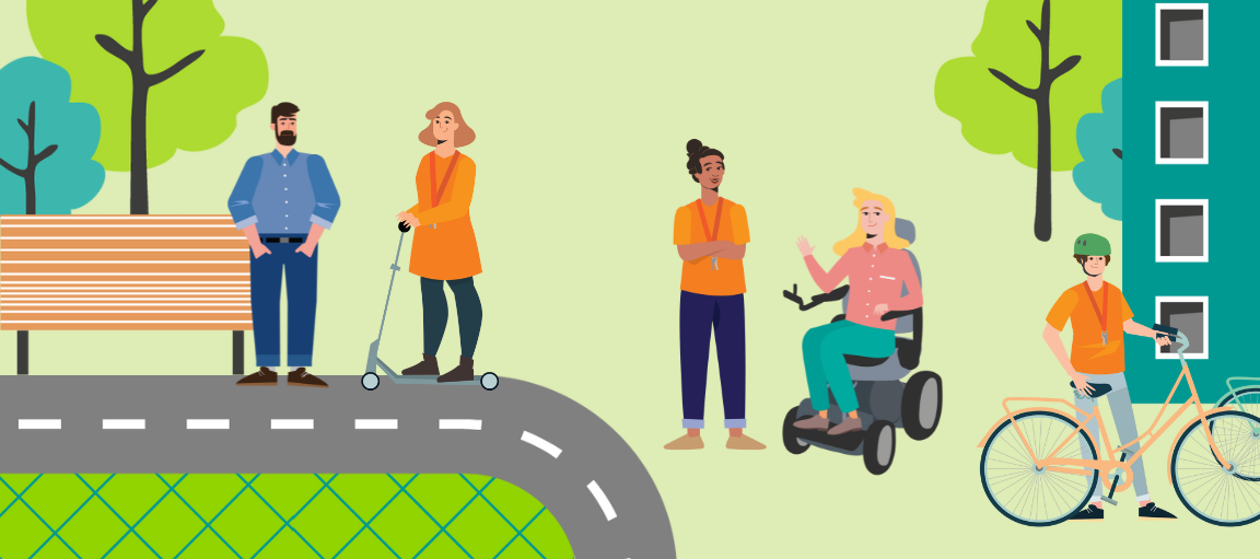 Piirrettyjä ihmisiä liikkumassa pihalla kävellen, pyörällä ja pyörätuolilla.