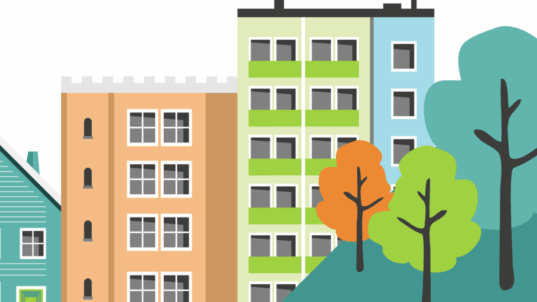 Värikkäitä piirrettyjä taloja rinteessä.