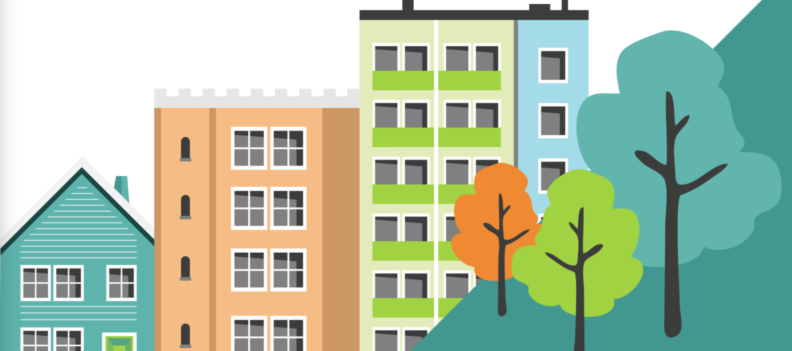 Värikkäitä piirrettyjä taloja rinteessä.