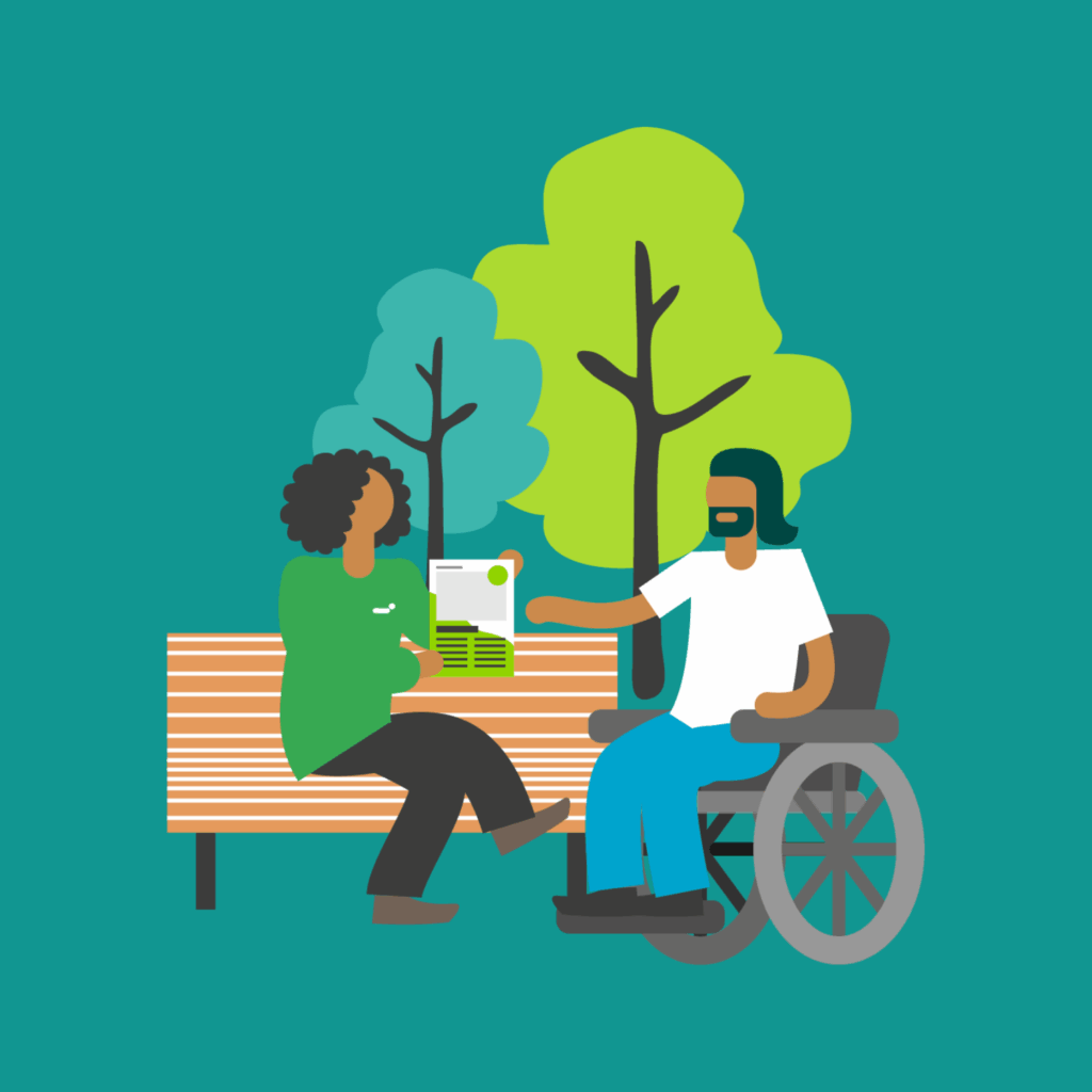 Kaksi piirroshahmoa, joista toinen istuu penkillä ja toinen käyttää pyörätuolia.