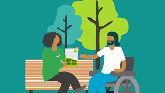 Kaksi piirroshahmoa, joista toinen istuu penkillä ja toinen käyttää pyörätuolia.