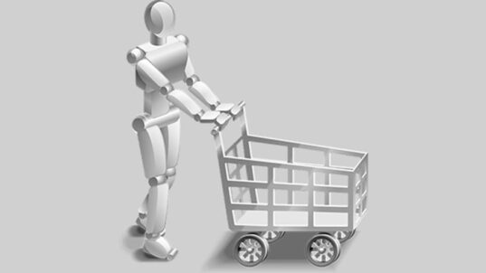 Robotti kävelee ostoskärryn kanssa.