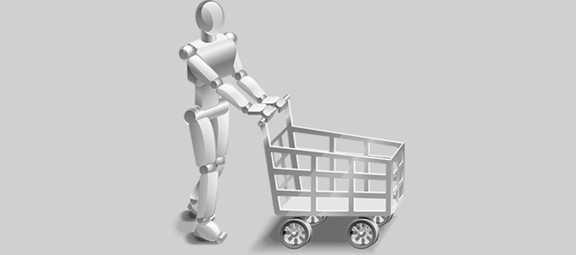 Robotti kävelee ostoskärryn kanssa.