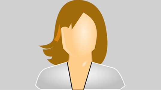 Ihmisen piirroshahmo. Pää ilman kasvoja. Ruskeat hiukset.