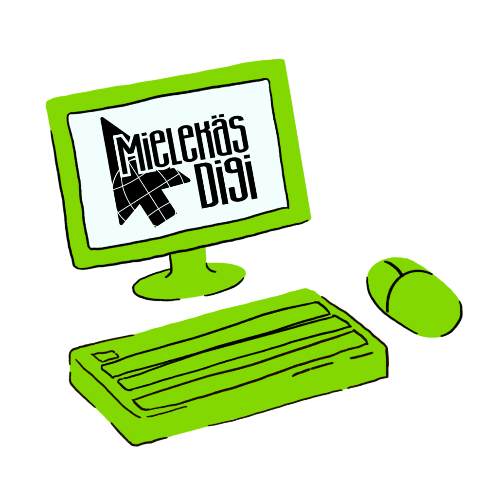 Piirretty tietokone, jonka näytöllä lukee Mielekäs digi.