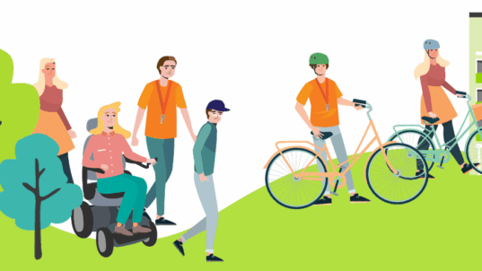 Piirrettyjä ihmishahmoja liikkumassa kävellen, pyörällä ja pyörätuolilla.