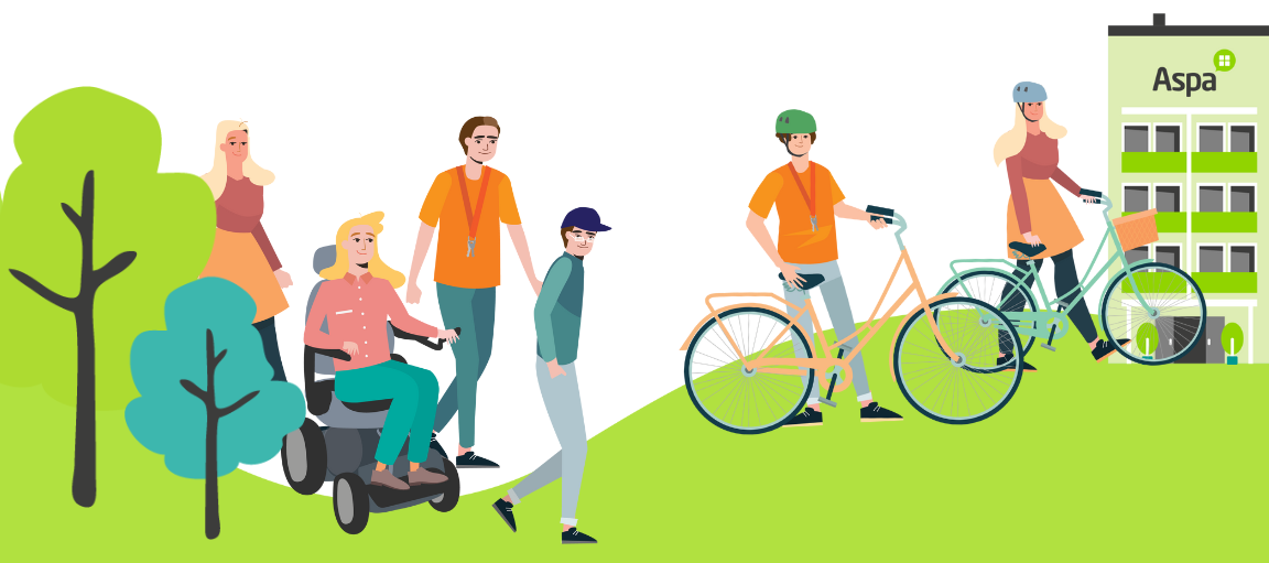 Piirrettyjä ihmishahmoja liikkumassa kävellen, pyörällä ja pyörätuolilla.