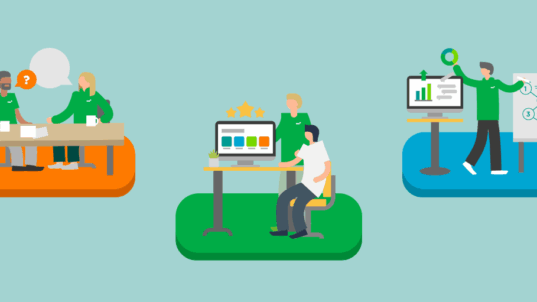 Piirroshahmoja kokouspöydän ääressä, tietokoneen ja fläppitaulun edessä.