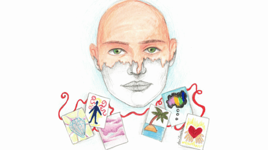 Piirroskuva kaljuista kasvoista, jotka ovat puoliksi värikkäät ja puoliksi mustavalkoiset. Piirrettyjä kortteja, joissa esimerkiksi timantti ja autiosaari.