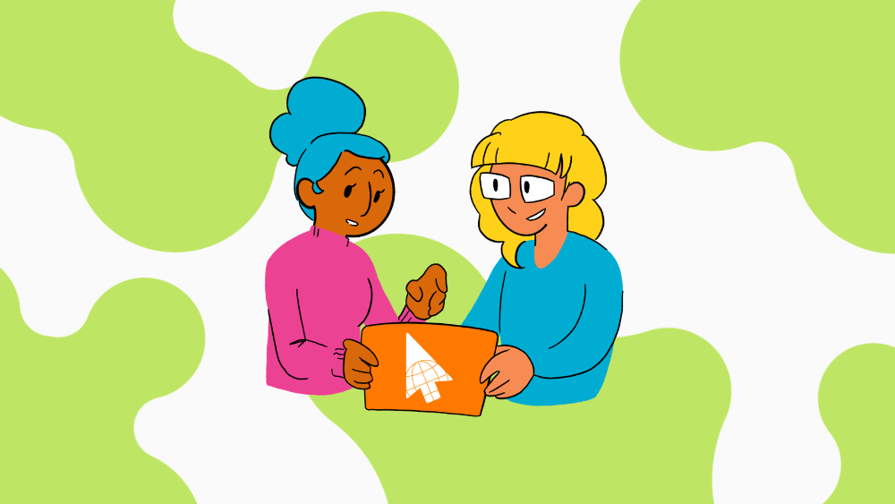 Kaksi piirroshahmoa kannettavan tietokoneen äärellä.