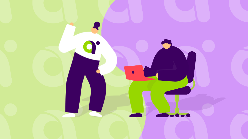 Kaksi piirroshahmoa, toinen tervehtii ja toinen on kannettavalla tietokoneella.